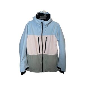 GSOU Snow Mens Blue White Grey Colorblock Hooded Ski Snowboard Jacket Large